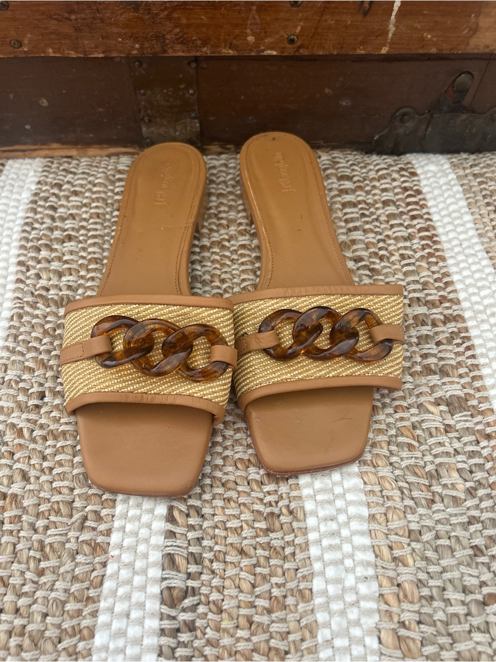J. McLaughlin Women's Tan Leather Chain Accent Slide Sandals US 9.5